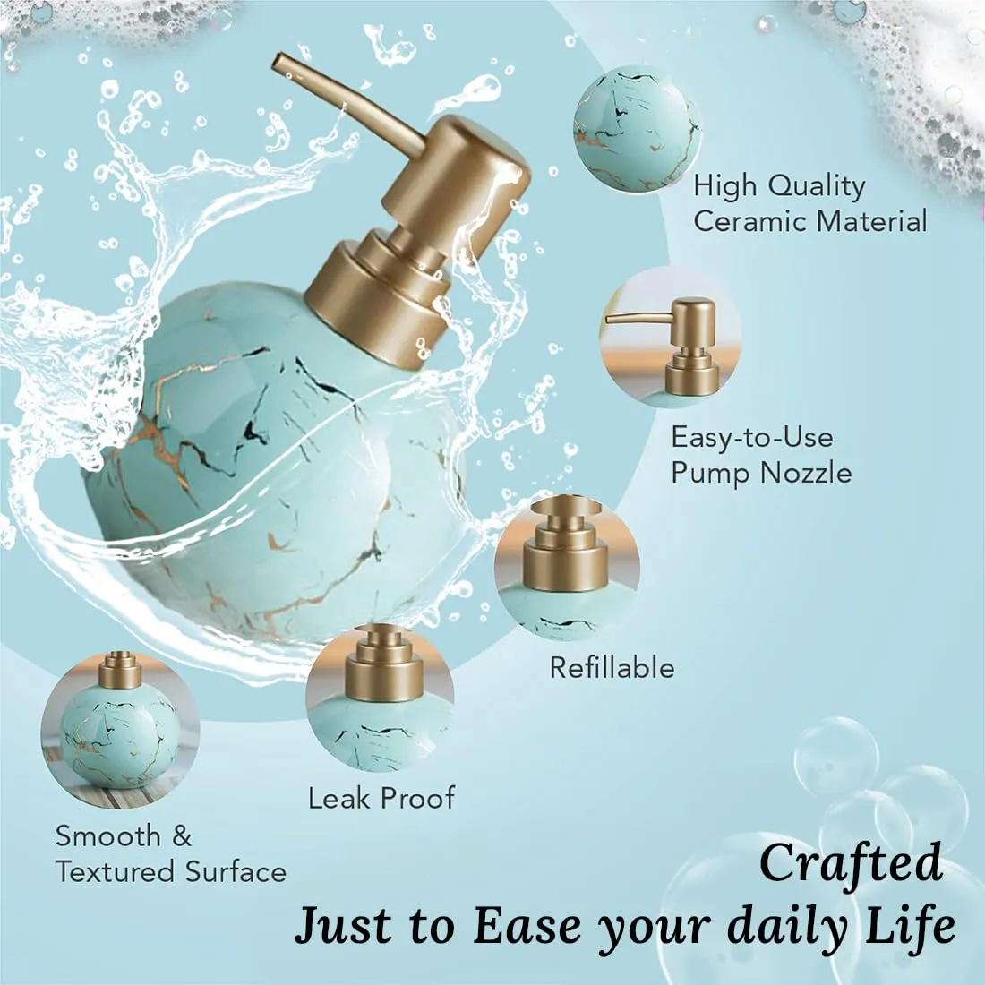 Ekhasa Ceramic Handwash Dispenser Bottle (300ml, Blue, Set of 3) | Liquid Soap Dispenser for Bathroom, Wash Basin & Kitchen | Bathroom Sanitizer, Lotion, Shampoo Dispenser | Hand Wash Dispensers Pump