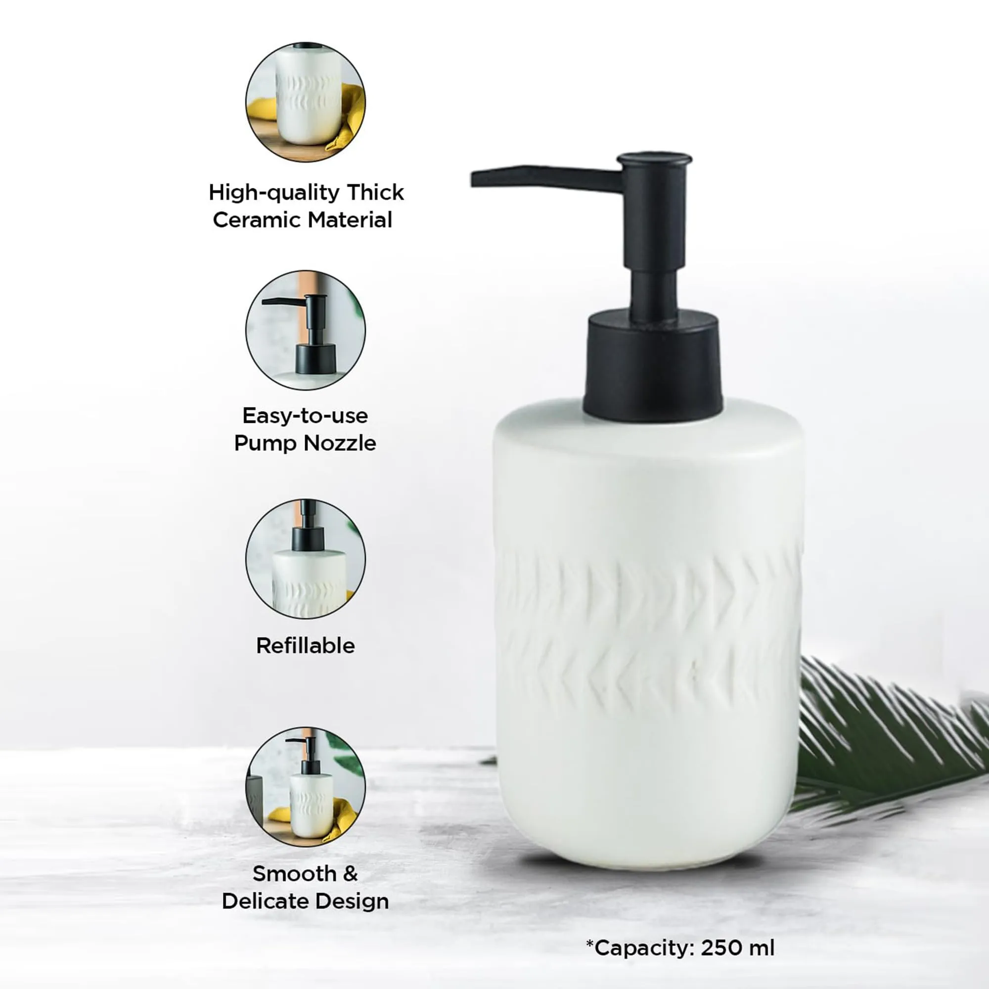 Homestic Liquid Soap Dispenser | Stoneware | Bathroom Sanitizer,Shampoo Dispenser | Ceramic Handwash Bottle for Kitchen | Soap Dispenser for Wash Basin | Bathroom Accessories | 250ml (White)