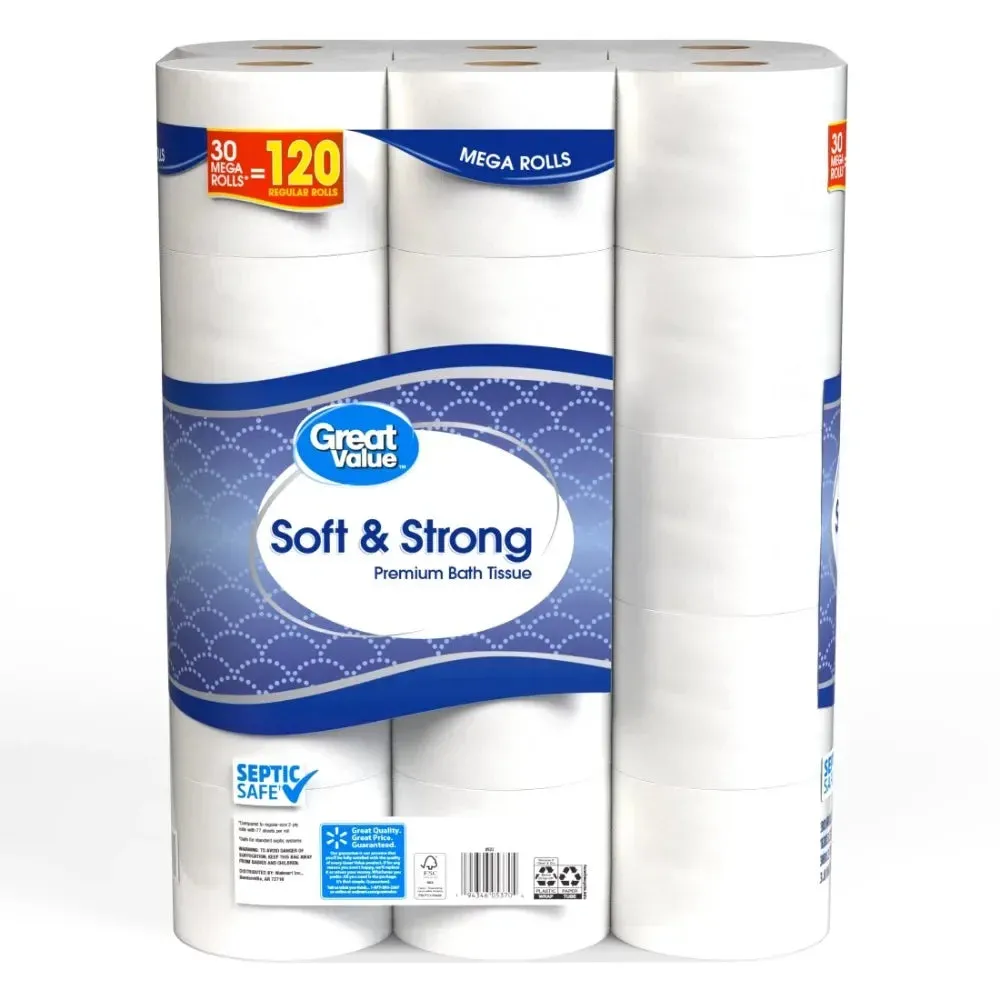 Soft & Strong Premium Toilet Paper, 30 Mega Rolls, 380 Sheets per Roll