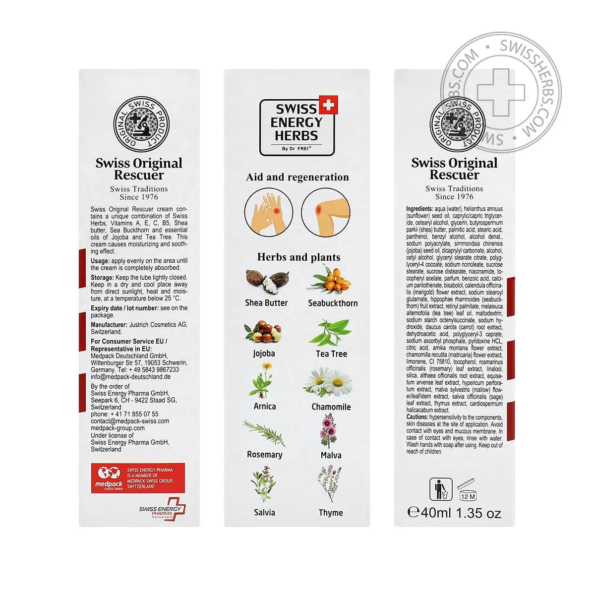 SWISS ORIGINAL healing rescue cream, 10 swiss herbs   bisabolol   dexpanthenol, 40ml.