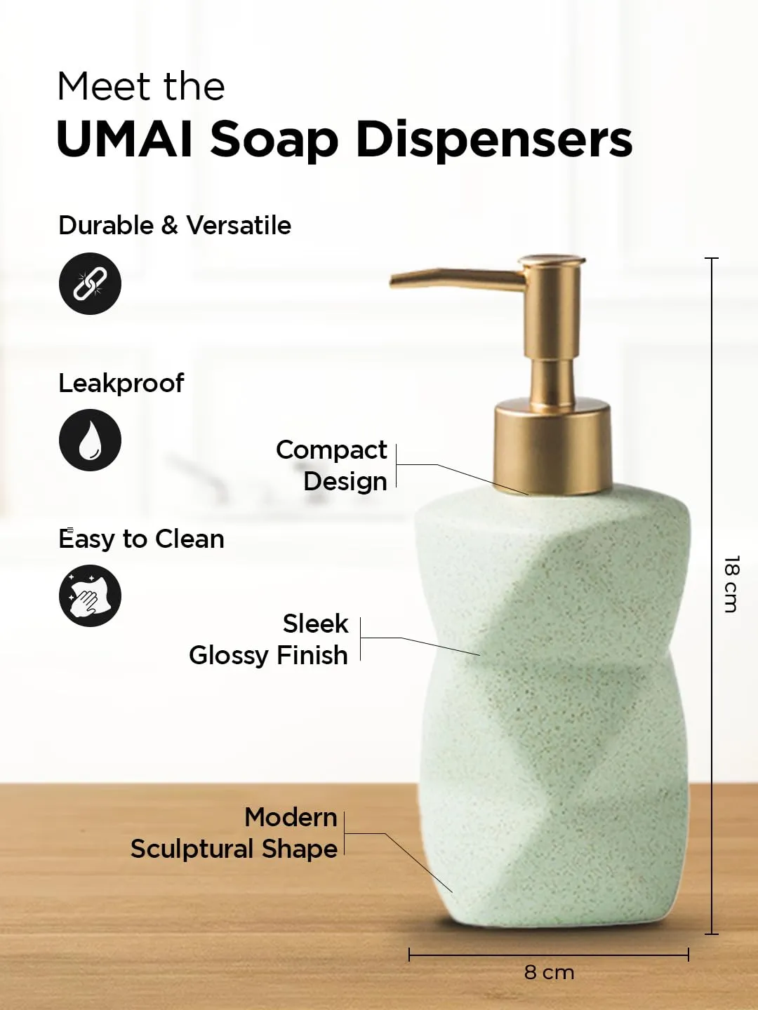 UMAI Liquid Soap Dispenser | Stoneware | Bathroom Sanitizer, Lotion, Shampoo Dispenser | Ceramic Handwash Bottle for Kitchen | Soap Dispenser for Wash Basin | Bathroom Accessories | 300ml (Green)