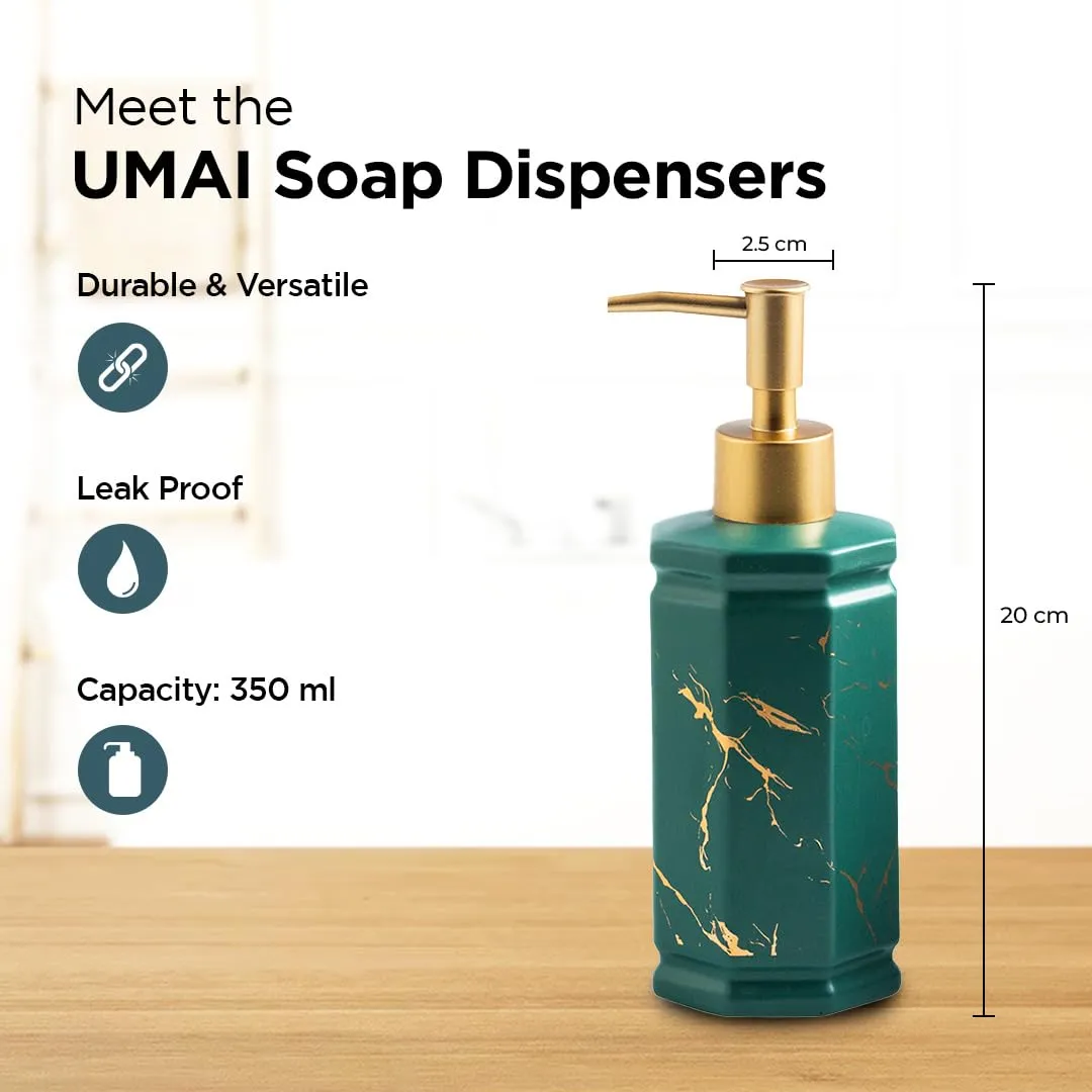 UMAI Liquid Soap Dispenser | Stoneware | Bathroom Sanitizer, Lotion, Shampoo Dispenser | Ceramic Handwash Bottle for Kitchen | Soap Dispenser for Wash Basin | Bathroom Accessories | 350 ml (Green)
